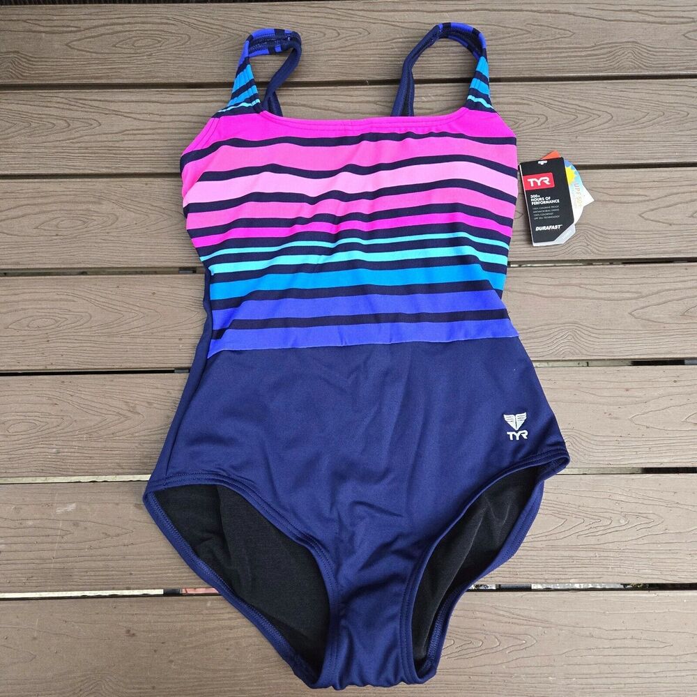 TYR Ombre Straight Neck Control Fit Pink/navy 1 Piece Bathing Suit Sz 24 NWT